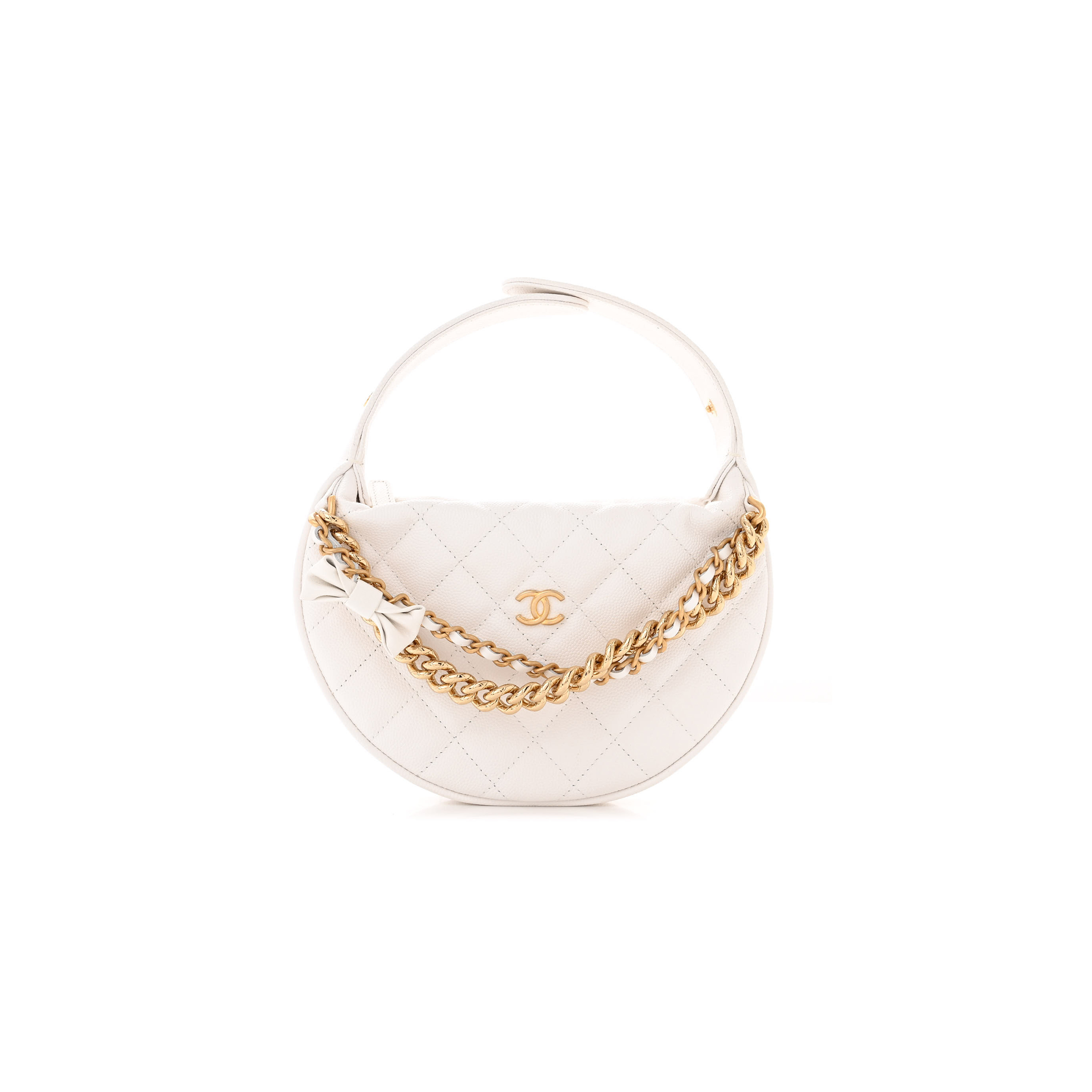 Ch*el shiny caviar quilted bow pouch hobo white 1470676 (19*13*4cm)